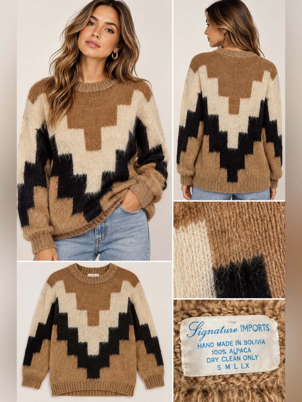 Vintage Signature Imports 100% Alpaca Geometric Sweater Handmade Bolivia